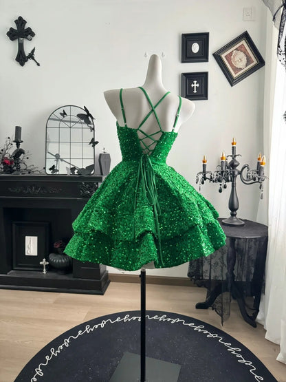 Spaghetti Straps Green Velvet Sequin Homecoming Dress Short Party Dress  P1857