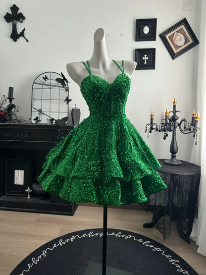Spaghetti Straps Green Velvet Sequin Homecoming Dress Short Party Dress  P1857