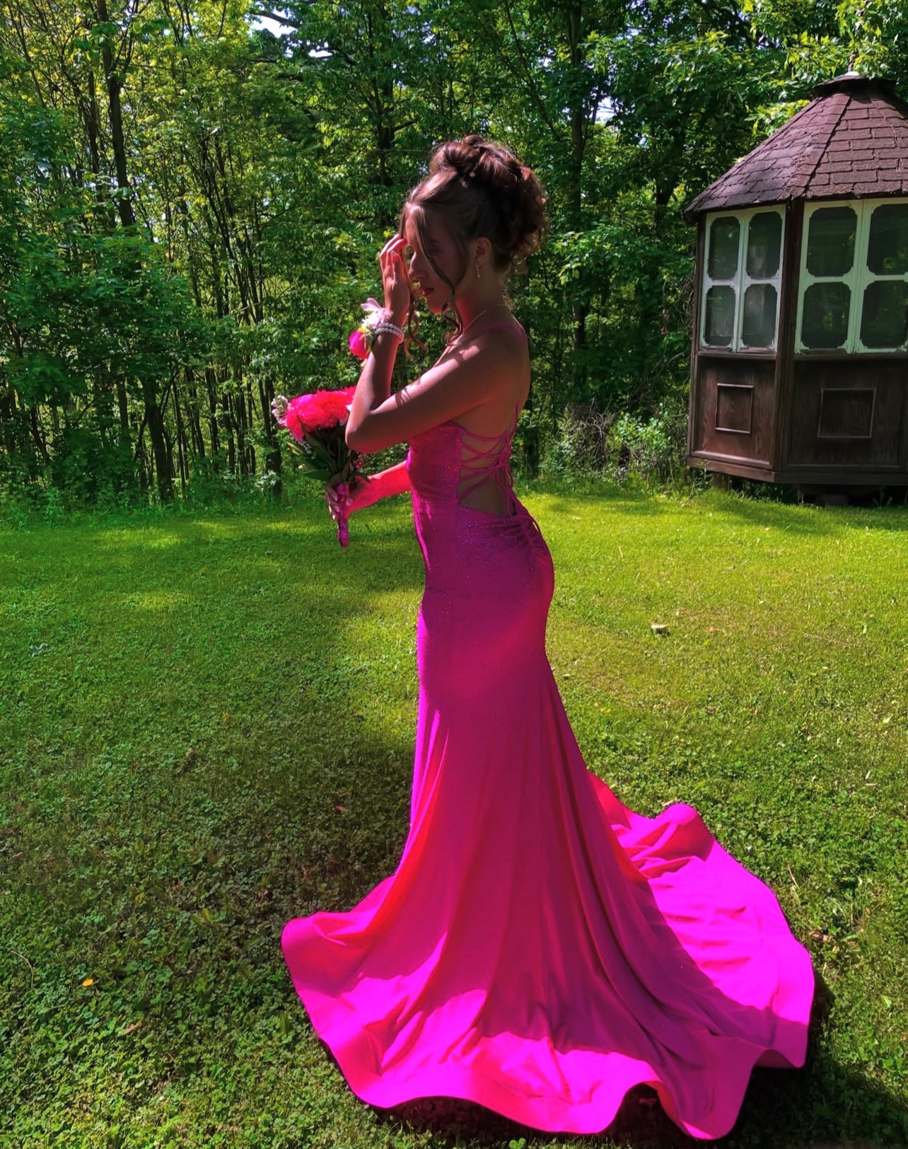 Spaghetti Straps Hot Pink Satin Prom Dress Mermaid Evening Dress  P1589