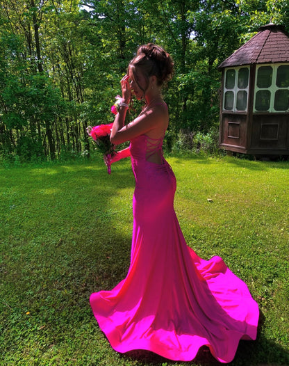 Spaghetti Straps Hot Pink Satin Prom Dress Mermaid Evening Dress  P1589