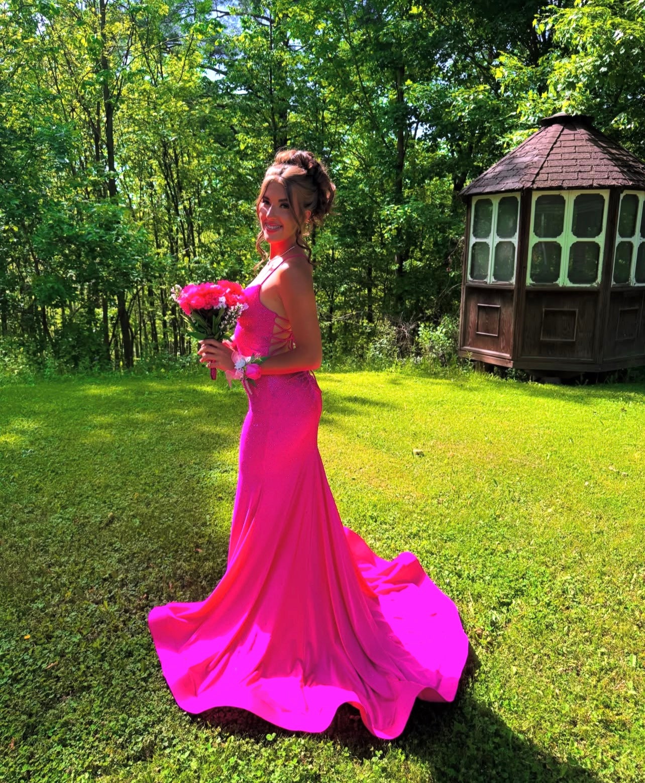 Spaghetti Straps Hot Pink Satin Prom Dress Mermaid Evening Dress  P1589