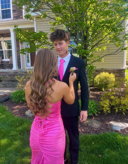 Spaghetti Straps Hot Pink Satin Prom Dress Sexy Evening Gown  P1580