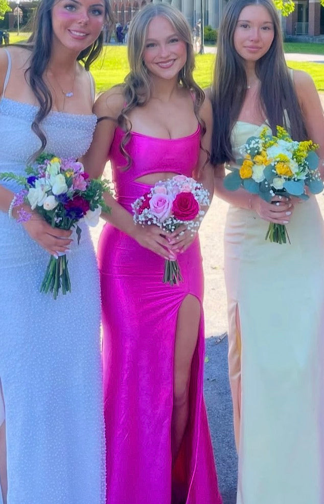 Spaghetti Straps Hot Pink Satin Prom Dress Sexy Evening Gown  P1580