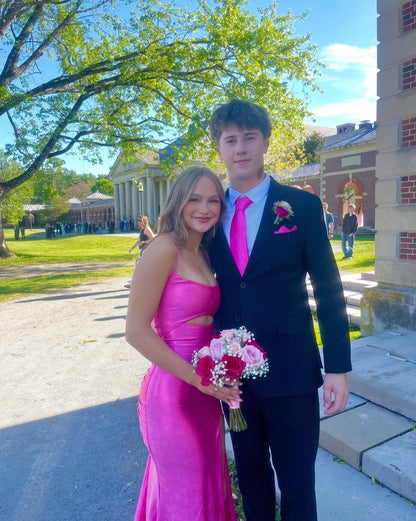 Spaghetti Straps Hot Pink Satin Prom Dress Sexy Evening Gown  P1580