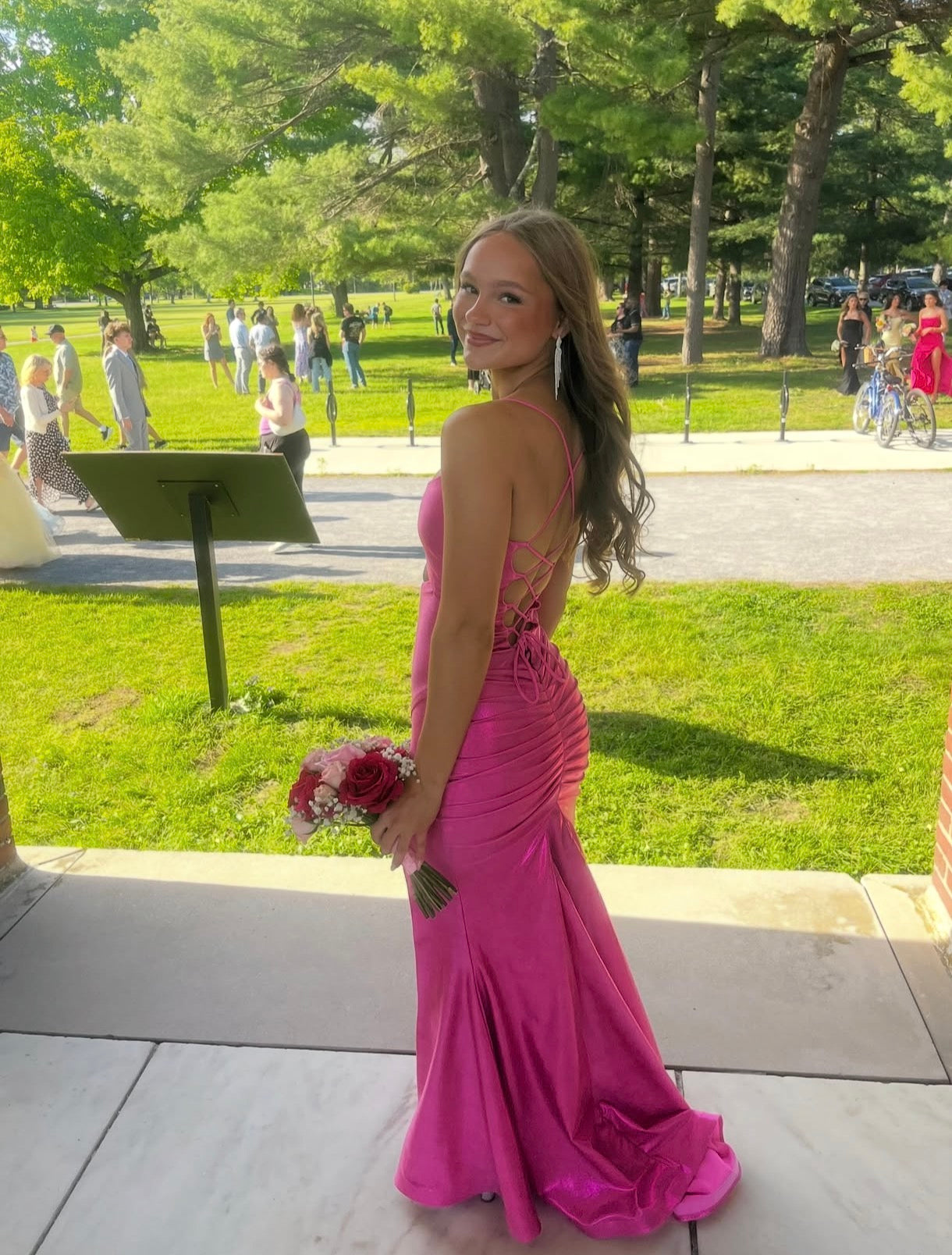 Spaghetti Straps Hot Pink Satin Prom Dress Sexy Evening Gown  P1580
