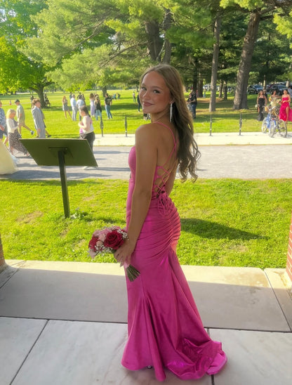 Spaghetti Straps Hot Pink Satin Prom Dress Sexy Evening Gown  P1580
