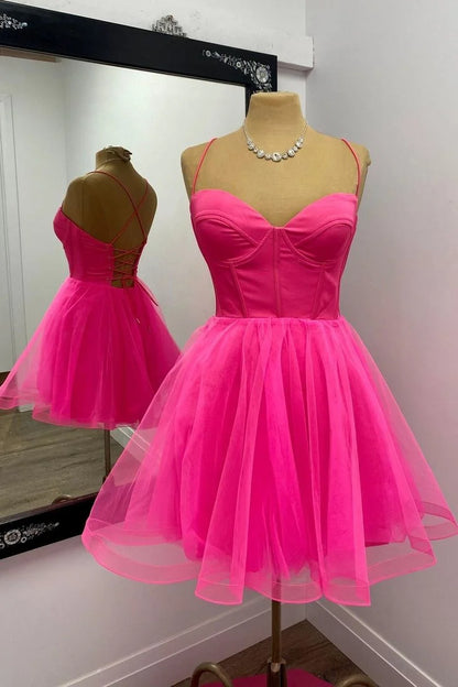 Spaghetti Straps Hot Pink Tulle Homecoming Dresses  P2282
