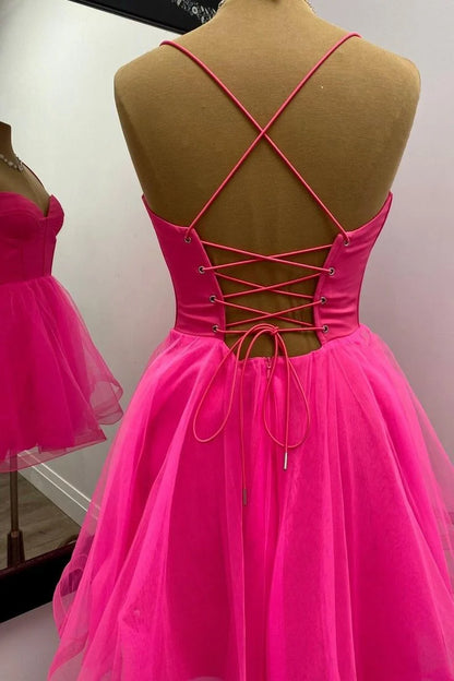 Spaghetti Straps Hot Pink Tulle Homecoming Dresses  P2282
