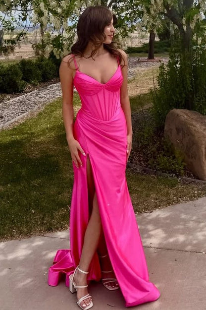 Spaghetti Straps Hot Pink V-Neck Pleats High Slit Long Prom Dress  P2527