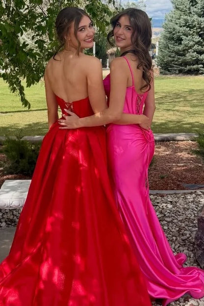 Spaghetti Straps Hot Pink V-Neck Pleats High Slit Long Prom Dress  P2527