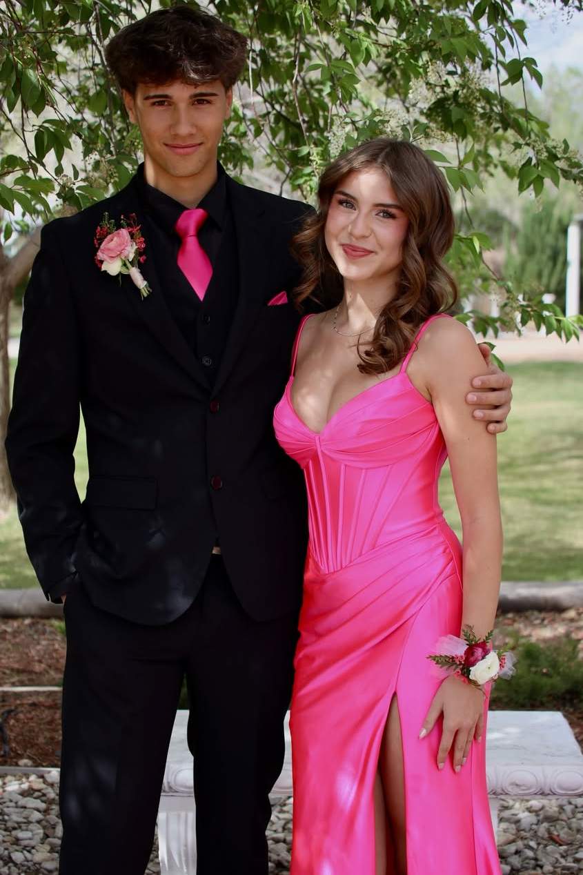 Spaghetti Straps Hot Pink V-Neck Pleats High Slit Long Prom Dress  P2527