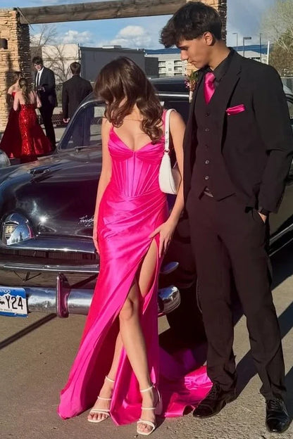 Spaghetti Straps Hot Pink V-Neck Pleats High Slit Long Prom Dress  P2527