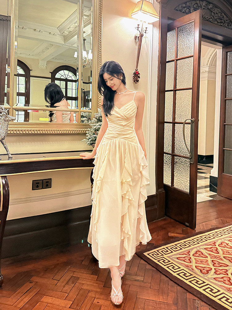 Spaghetti Straps  Irregular Ruffled  Prom Dress A Line Wedding Guest Dress  P754