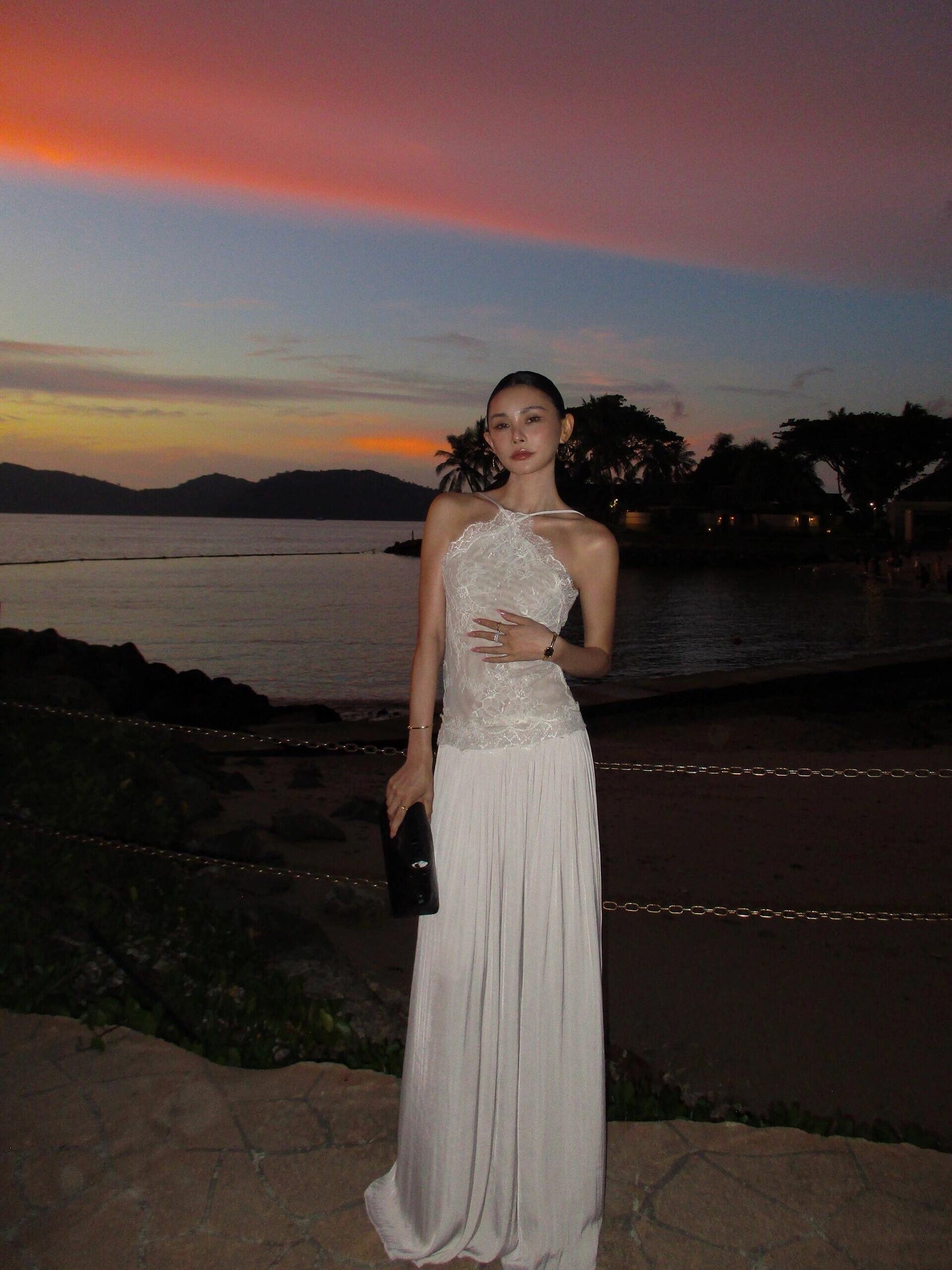 Spaghetti Straps Ivory Lace Chiffon Prom Dress Birthday Dress  P773