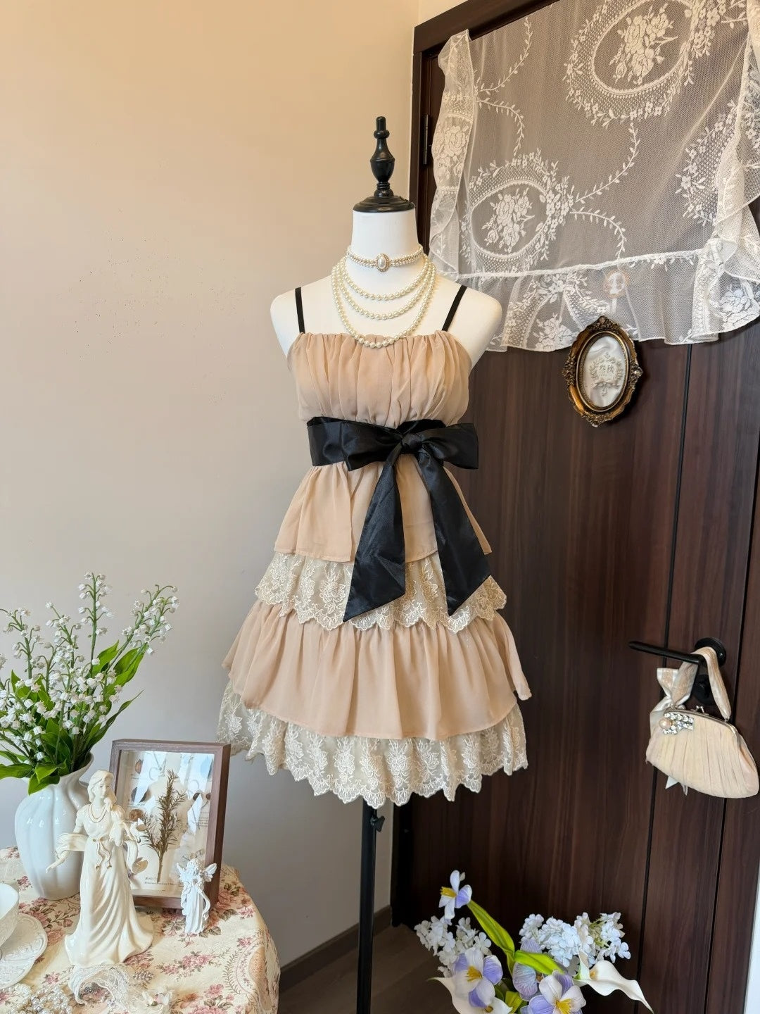 Spaghetti Straps Layered Chiffon Lace Homecoming Dress Birthday Outfit  P1893
