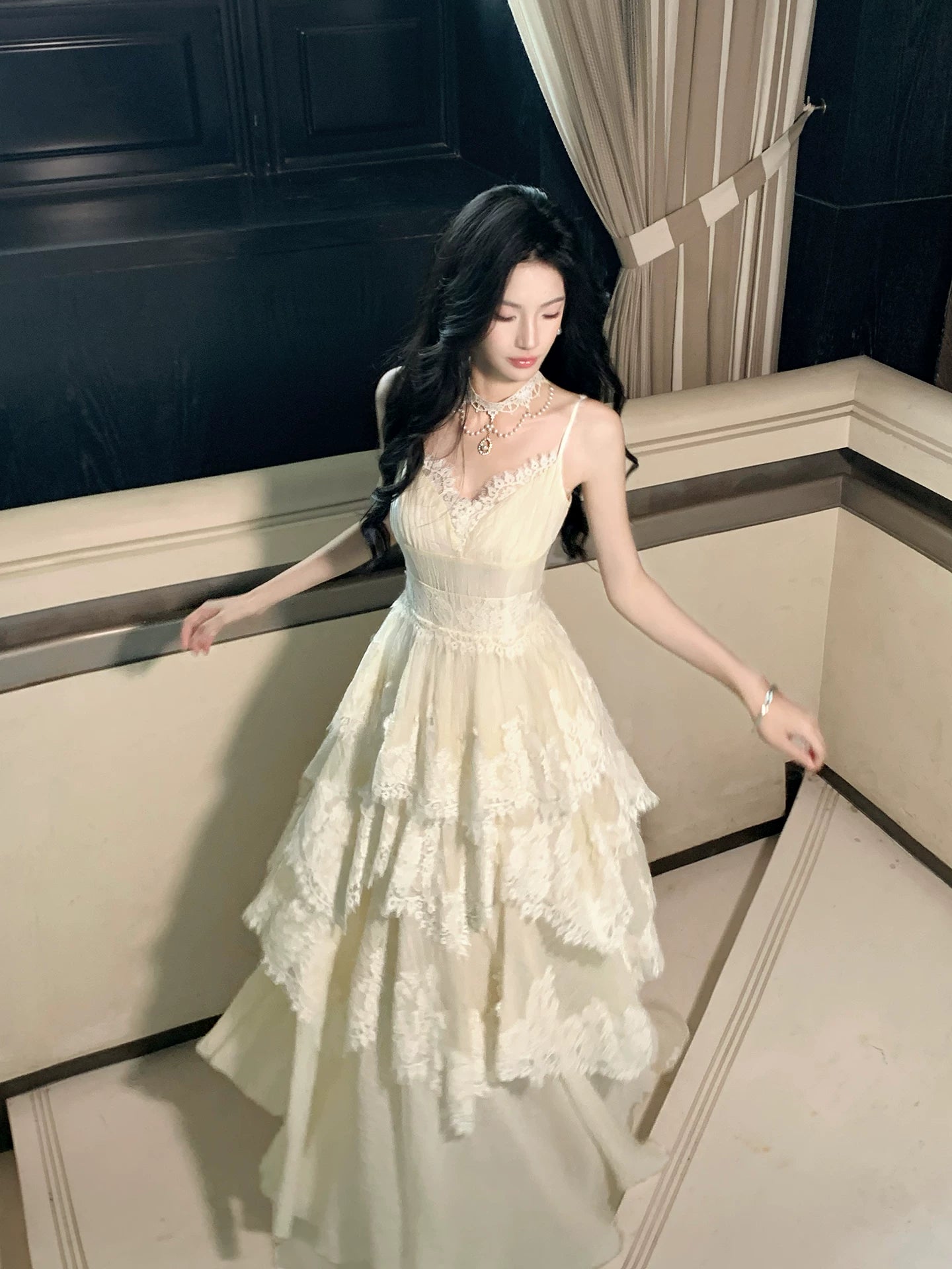 Spaghetti Straps Layered Lace Birthday Dress Ruffled Wedding Dress  L158