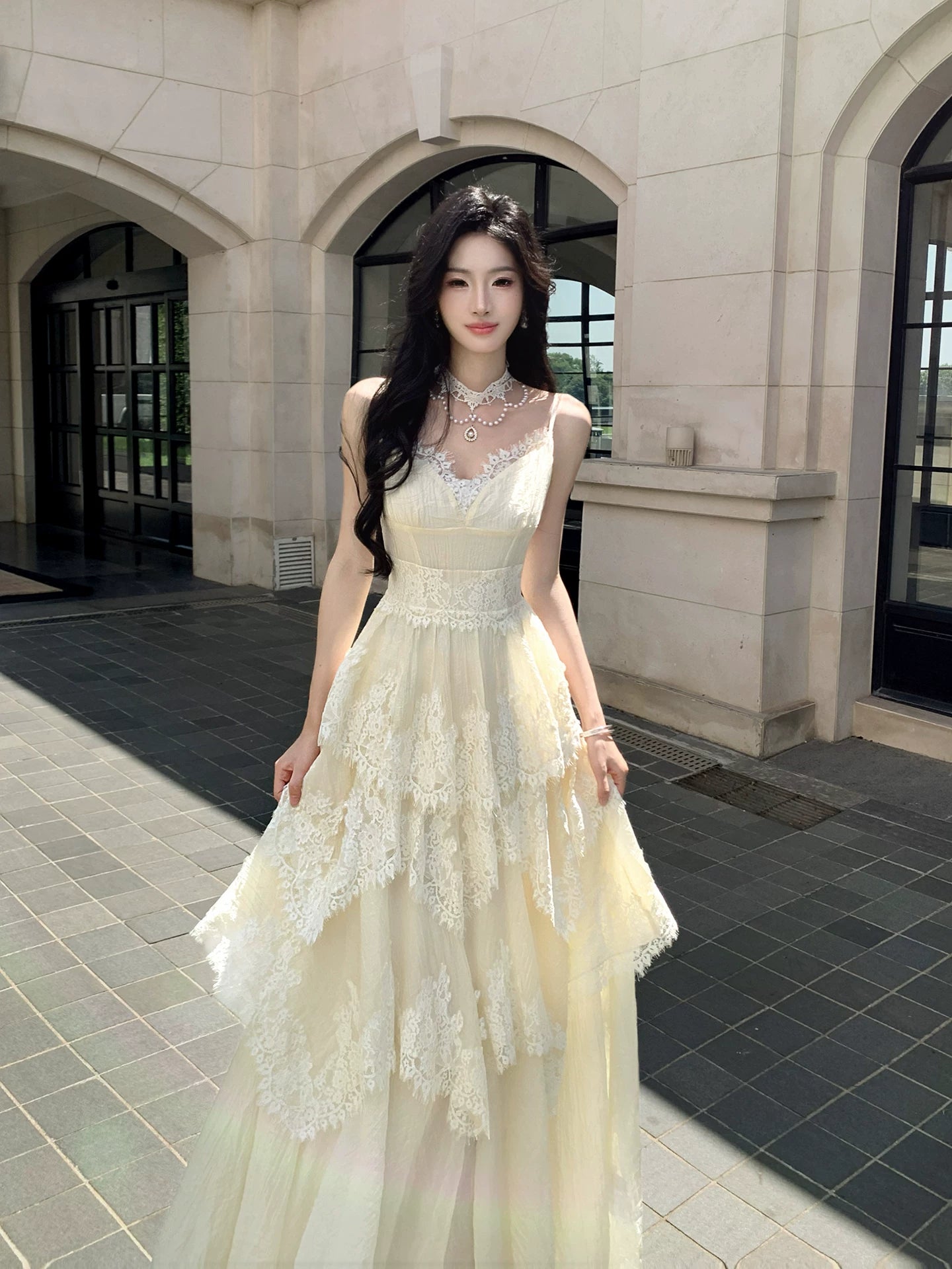 Spaghetti Straps Layered Lace Birthday Dress Ruffled Wedding Dress  L158