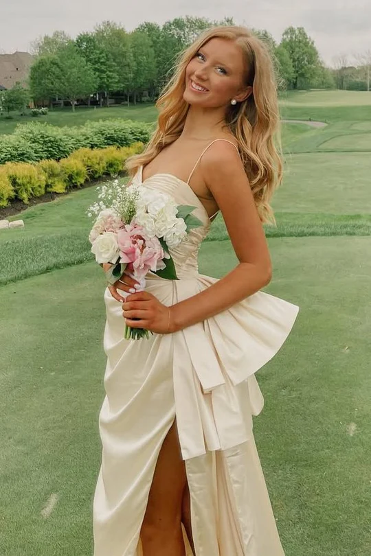 Spaghetti Straps Light Champagne Prom Dress Satin Formal Dress With Slit  P842