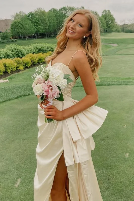 Spaghetti Straps Light Champagne Prom Dress Satin Formal Dress With Slit  P842