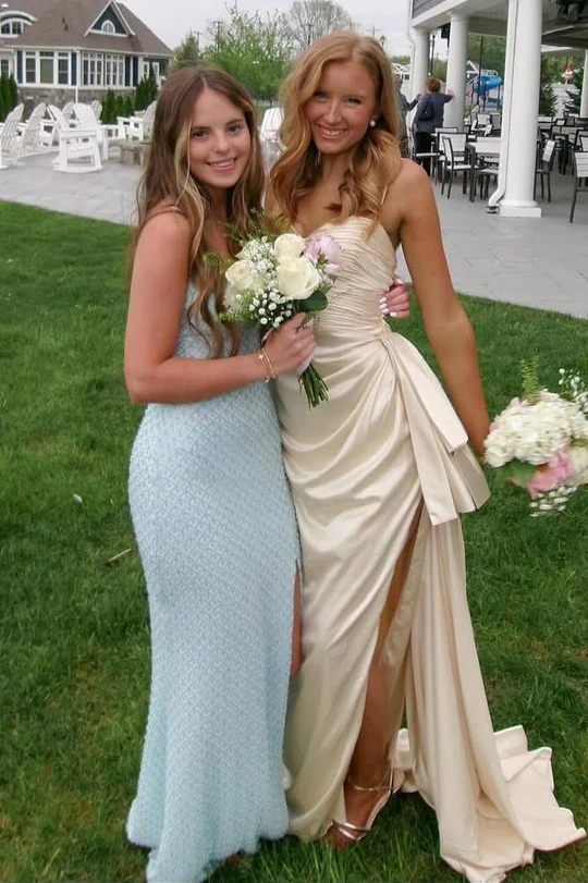 Spaghetti Straps Light Champagne Prom Dress Satin Formal Dress With Slit  P842