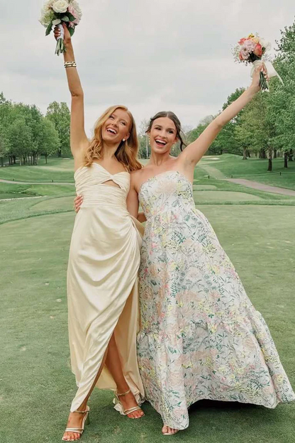 Spaghetti Straps Light Champagne Prom Dress Satin Formal Dress With Slit  P842