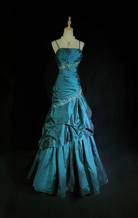 Spaghetti Straps Long Prom Dress Taffeta Vintage Teal Formal Dresses  P982