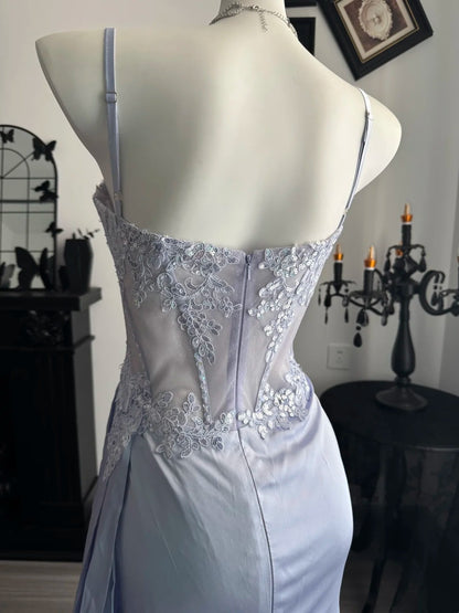 Spaghetti Straps Mermaid Appliques Formal Prom Dress With Slit  P2065
