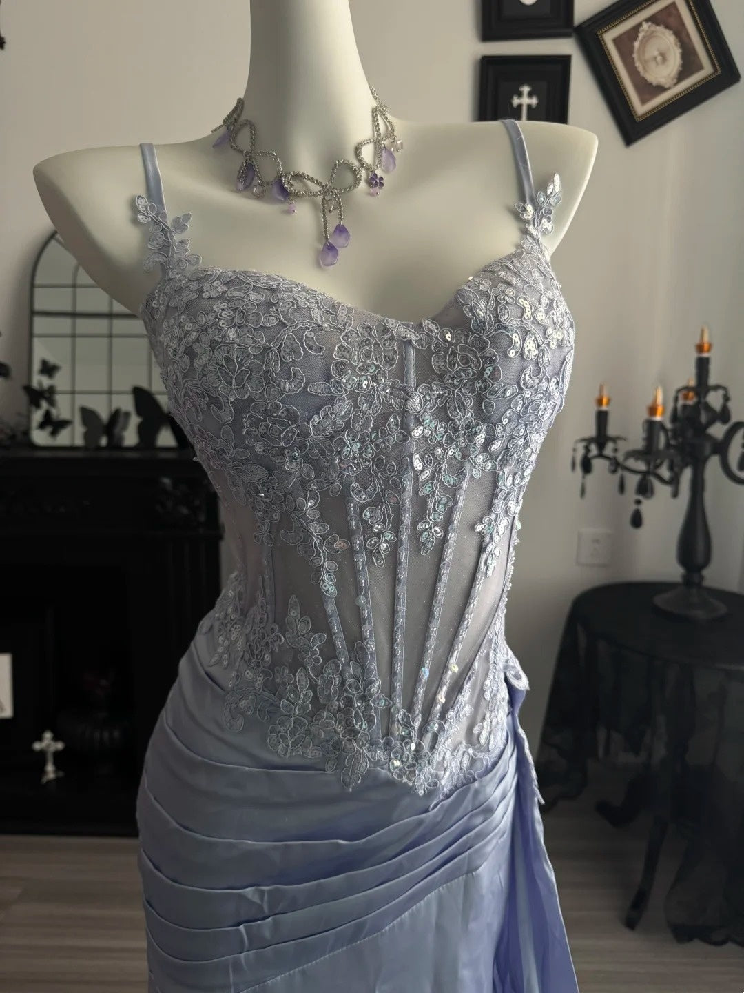 Spaghetti Straps Mermaid Appliques Formal Prom Dress With Slit  P2065