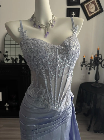 Spaghetti Straps Mermaid Appliques Formal Prom Dress With Slit  P2065