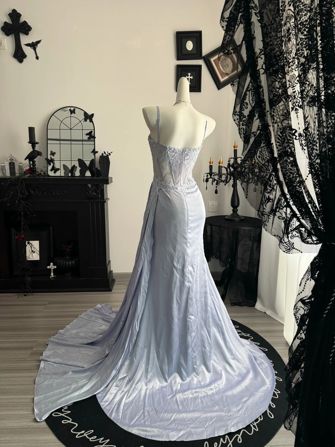 Spaghetti Straps Mermaid Appliques Formal Prom Dress With Slit  P2065