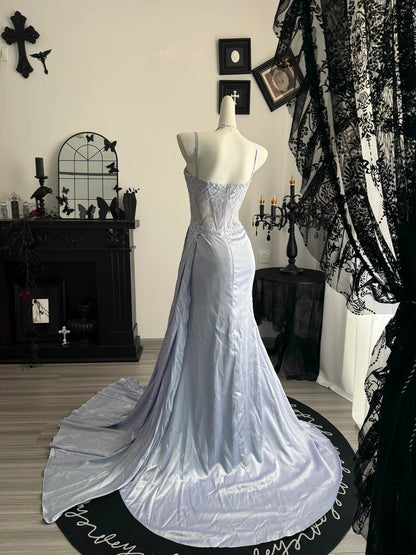 Spaghetti Straps Mermaid Appliques Formal Prom Dress With Slit  P2065