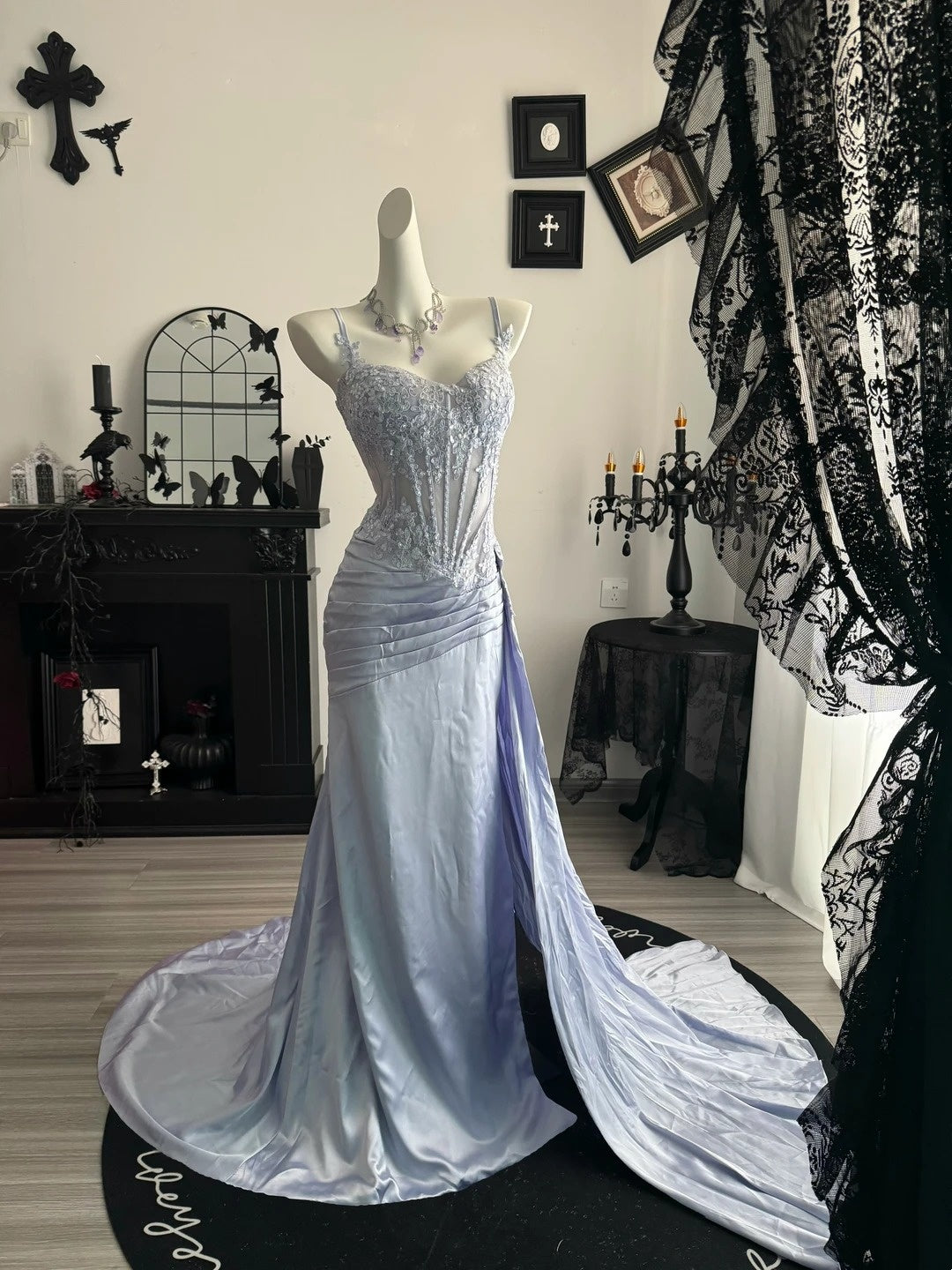 Spaghetti Straps Mermaid Appliques Formal Prom Dress With Slit  P2065