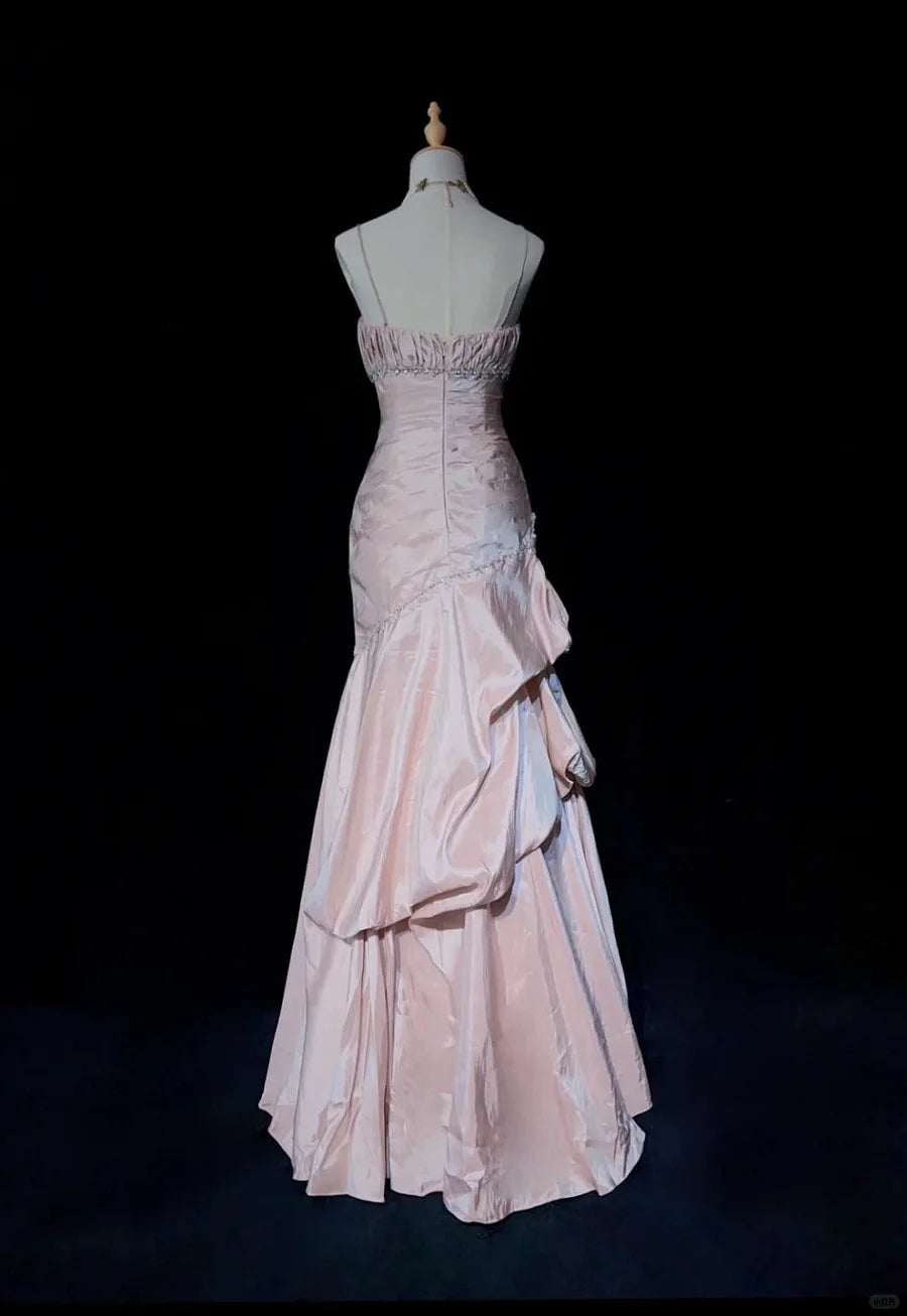 Spaghetti Straps Mermaid Evening Dress Pink Pleated Prom Dress With Beading P890