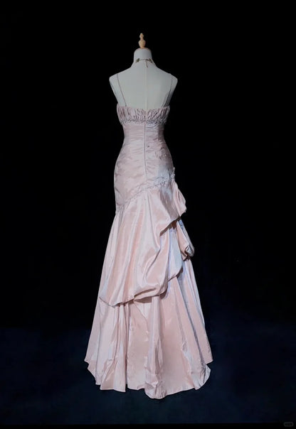 Spaghetti Straps Mermaid Evening Dress Pink Pleated Prom Dress With Beading P890