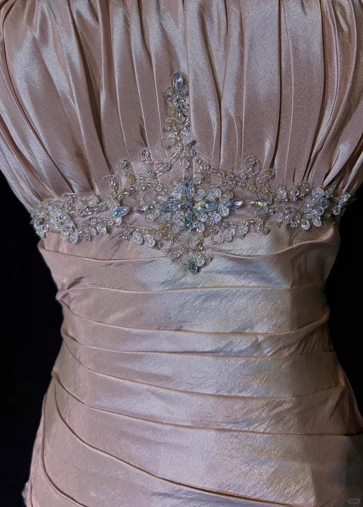 Spaghetti Straps Mermaid Evening Dress Pink Pleated Prom Dress With Beading P890