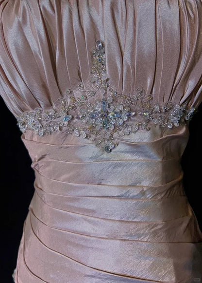 Spaghetti Straps Mermaid Evening Dress Pink Pleated Prom Dress With Beading P890