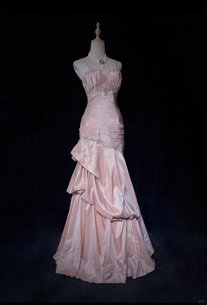 Spaghetti Straps Mermaid Evening Dress Pink Pleated Prom Dress With Beading P890