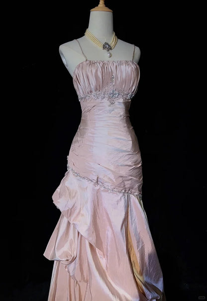 Spaghetti Straps Mermaid Evening Dress Pink Pleated Prom Dress With Beading P890