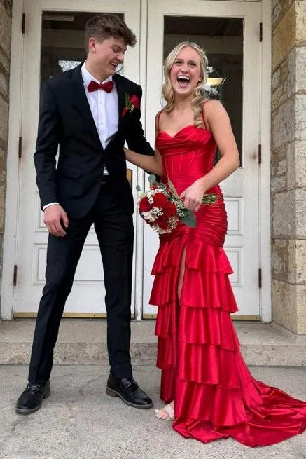 Spaghetti Straps Mermaid Satin Layered Formal Prom Dress With Slit  P2587