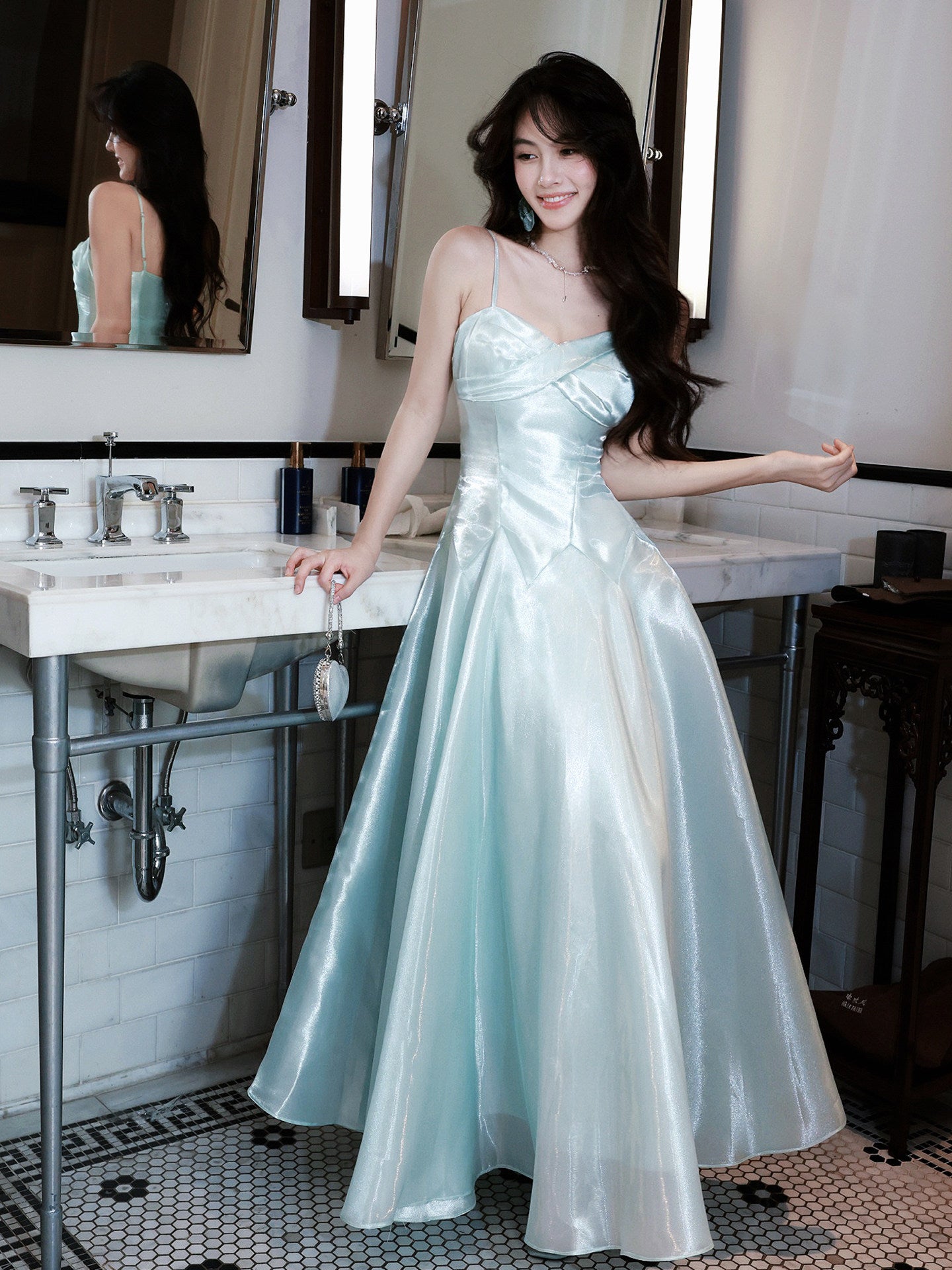 Spaghetti Straps Mint Green A Line Prom Dress  P746