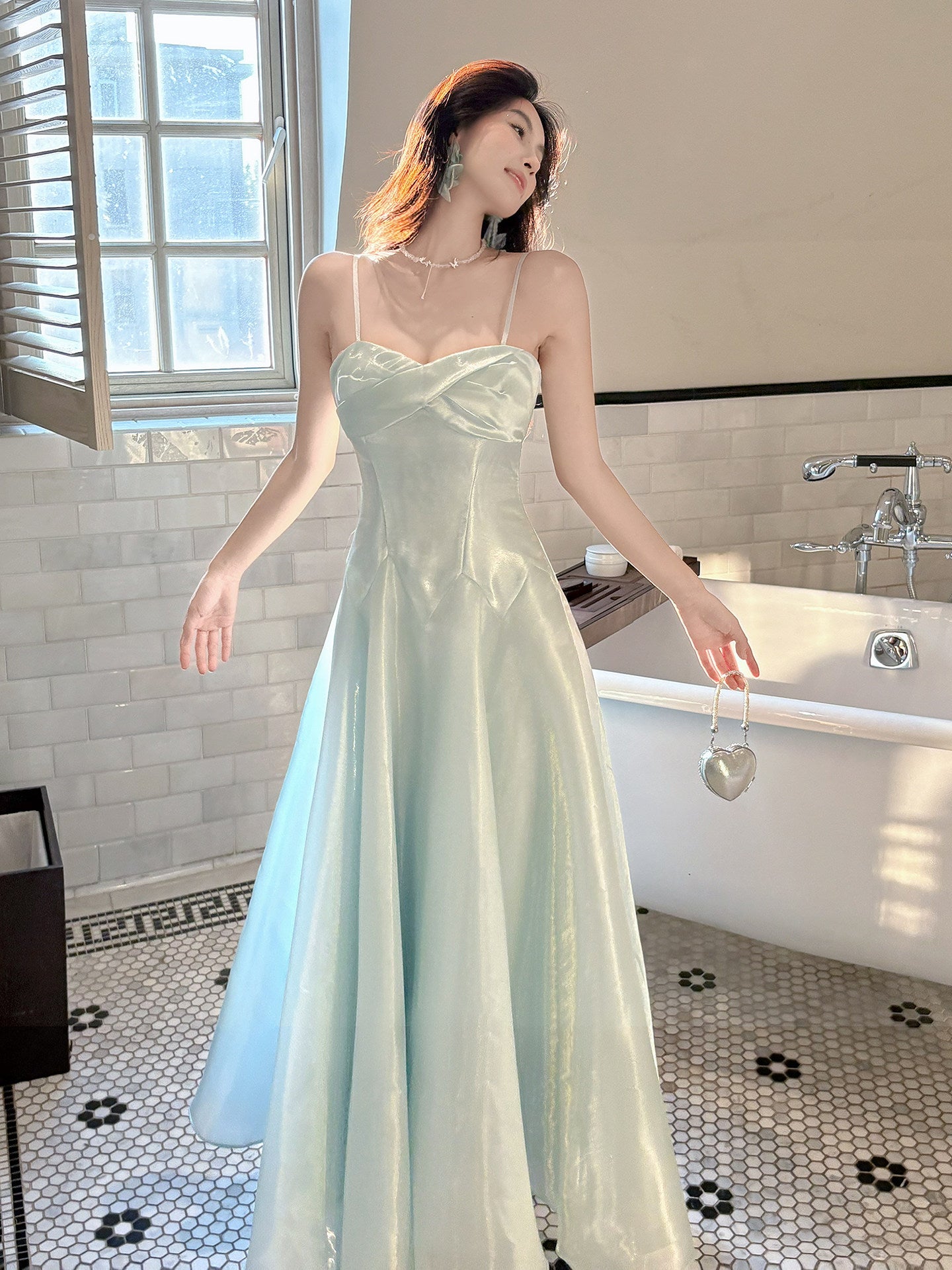 Spaghetti Straps Mint Green A Line Prom Dress  P746
