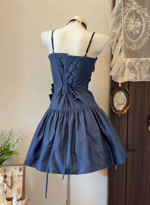 Spaghetti Straps Navy Blue A Line Homecoming Dress With Bow Knot  P2643