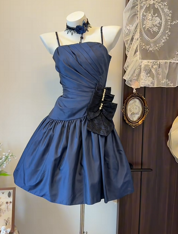 Spaghetti Straps Navy Blue A Line Homecoming Dress With Bow Knot  P2643