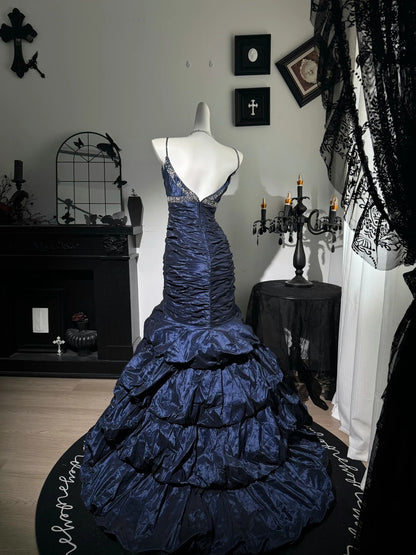Spaghetti Straps Navy Blue Birthday Dress Beaded Prom Dress  P1767