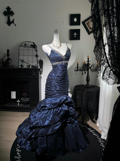 Spaghetti Straps Navy Blue Birthday Dress Beaded Prom Dress  P1767