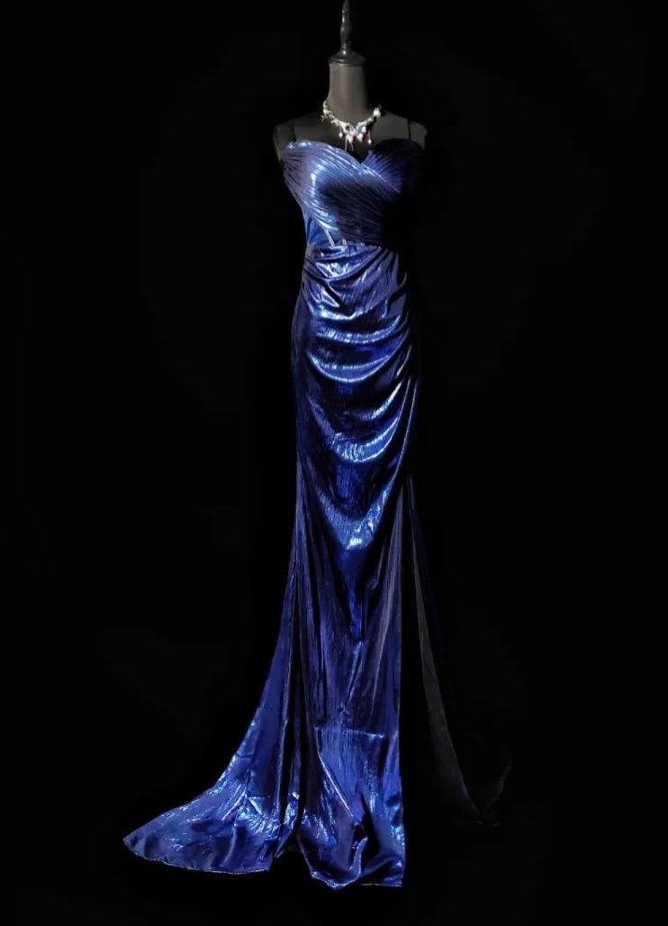 Spaghetti Straps Navy Blue Formal Prom Dress Mermaid Evening Dress  P1779