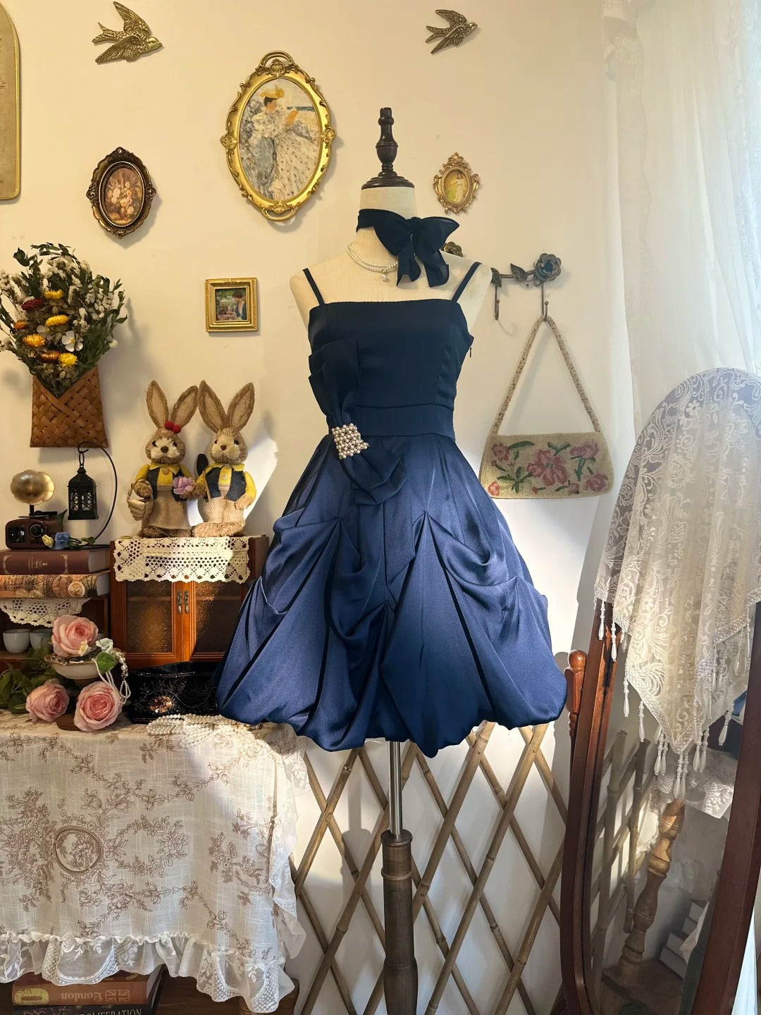 Spaghetti Straps Navy Blue Homecoming Dress Ruffled Birthday Dress   P2140