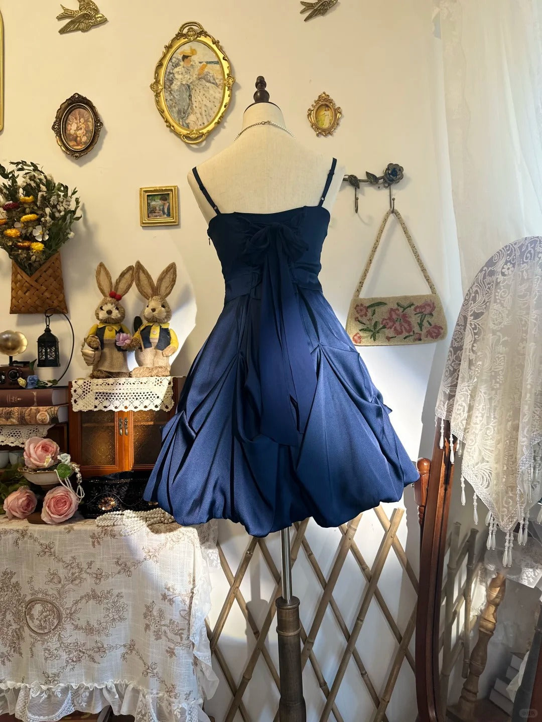 Spaghetti Straps Navy Blue Homecoming Dress Ruffled Birthday Dress   P2140