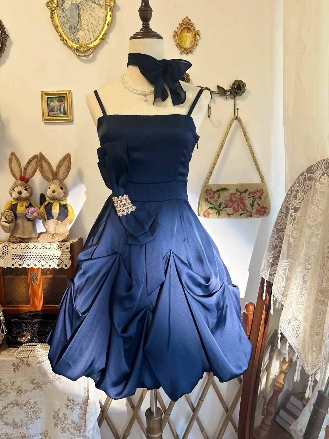 Spaghetti Straps Navy Blue Homecoming Dress Ruffled Birthday Dress   P2140