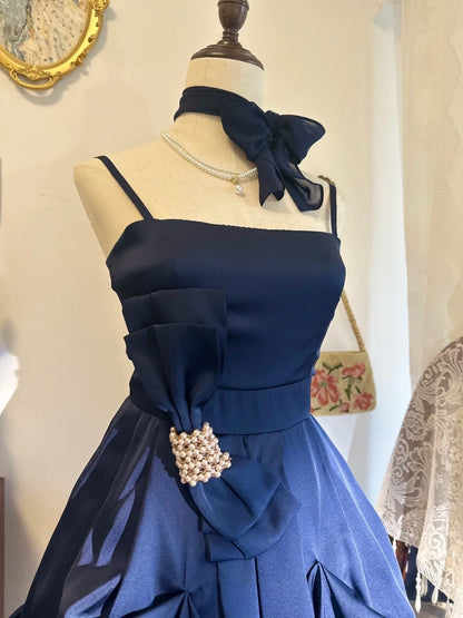 Spaghetti Straps Navy Blue Homecoming Dress Ruffled Birthday Dress   P2140